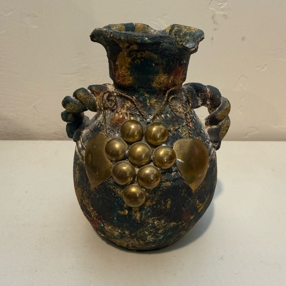 Pottery Vintage Vase Brass and Copper Accents Loop Handles Primitive Folk Art